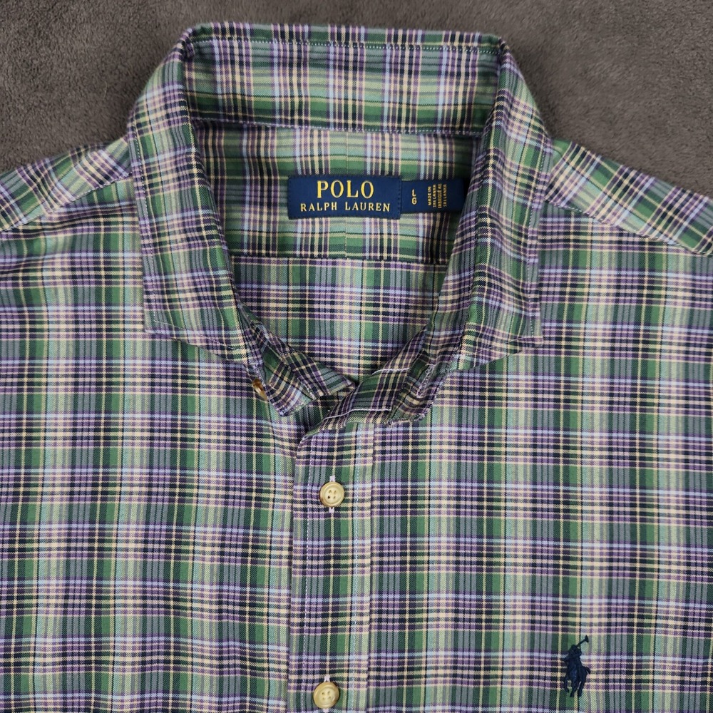 Polo Ralph Lauren Shirt Mens Large Green Purple Plaid Long Sleeve Button Down
